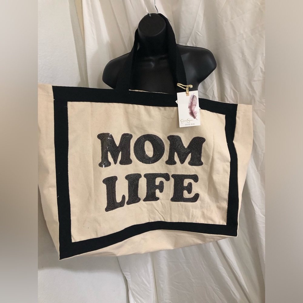 Jessica Simpson cream black trim canvas sequin Mom monogram carry-all XL bag new